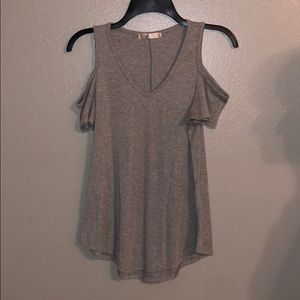 gray cut out shoulder shirt